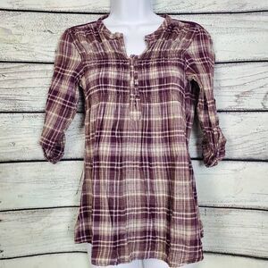 Maurices Purple Plaid Button Front Top Small Crochet Lace Back Roll Tab Sleeves